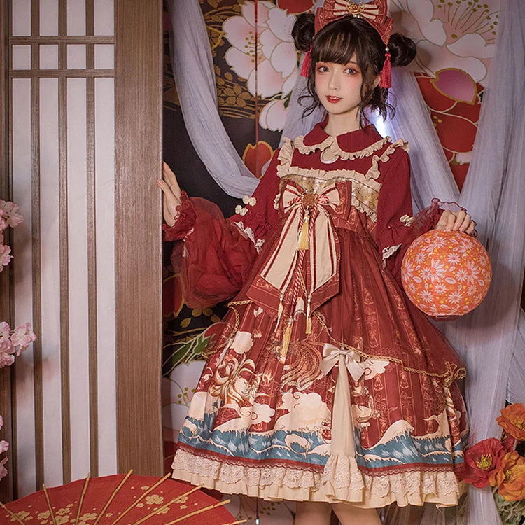 Kawaii Sweet Lolita Dress with Bow Ruffle Lace Sleeve