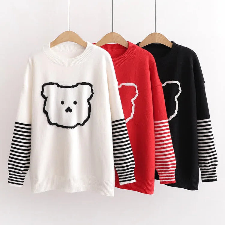 Striped Sleeves, Happy Heart: Kawaii Bear Knit Sweater - Elevate Your Style with Playful Warmth! 🎀🐾