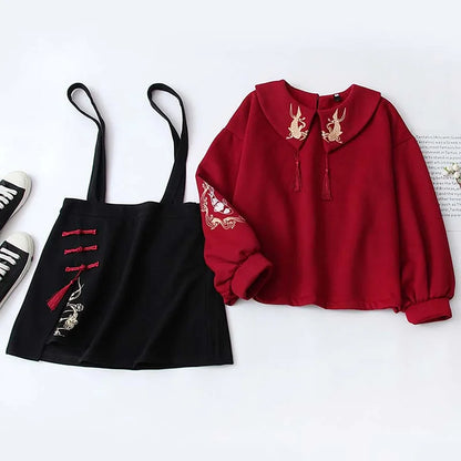 Vintage Koi Embroidery Fringed Drawstring Sweatshirt Skirt Set