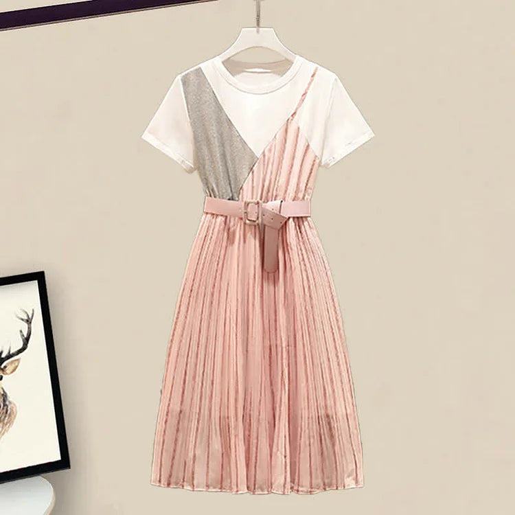 Chic Round Neck Belted Dress with Striped Design