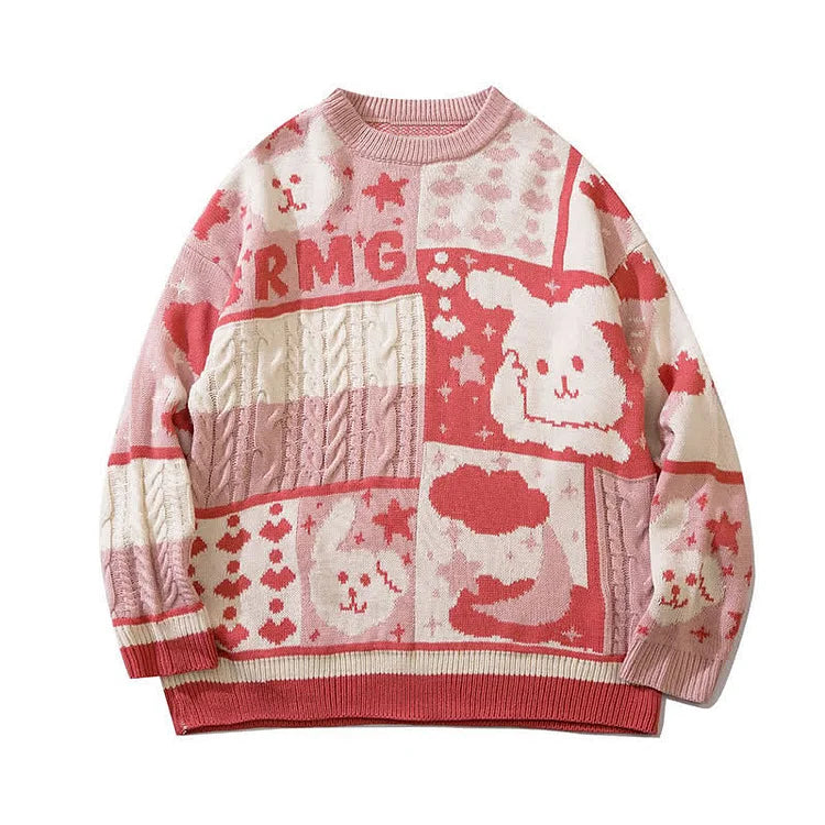Adorable Bliss: Kawaii Cartoon Bunny Colorblock Sweater - Your Everyday Delight! 🎀🐇