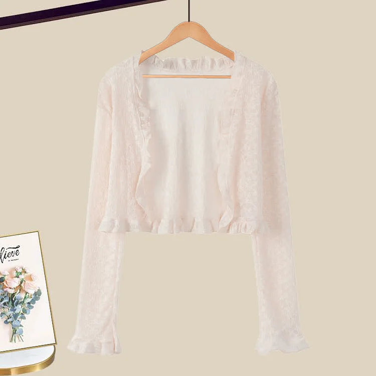 Vintage Lace Chiffon Cardigan Flouncing A-line Slip Dress Two Piece Set