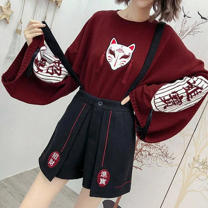 Cartoon Fox Embroidery Tassels Letter Pullover Sweater - Vintage Style