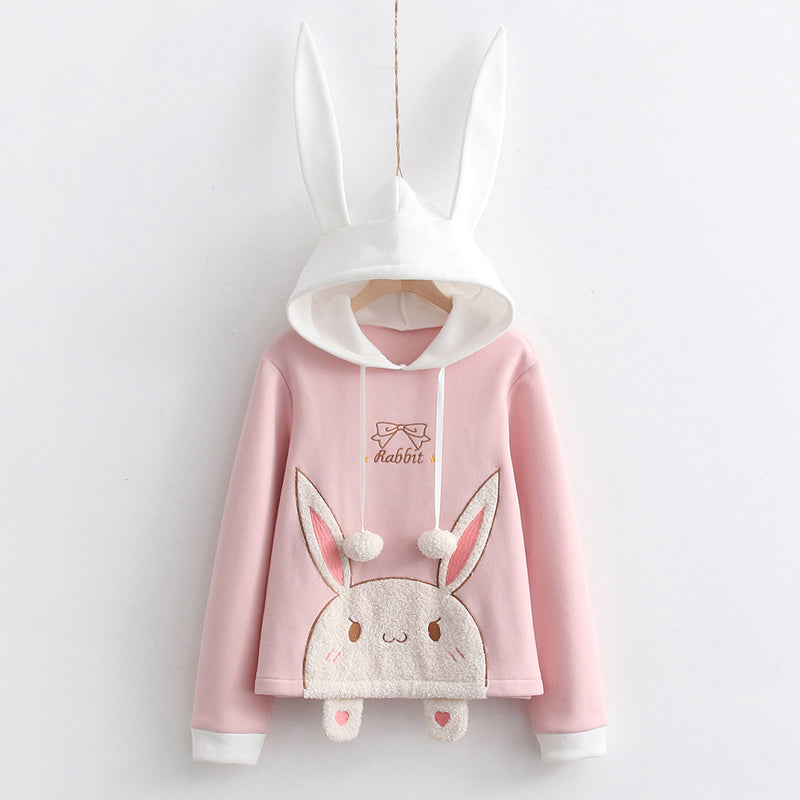 Cuddle-worthy Chic: Harajuku Bunny Ear Plush Letter Hooded Sweatshirt - Your Cozy Cute Haven! 🐰💖