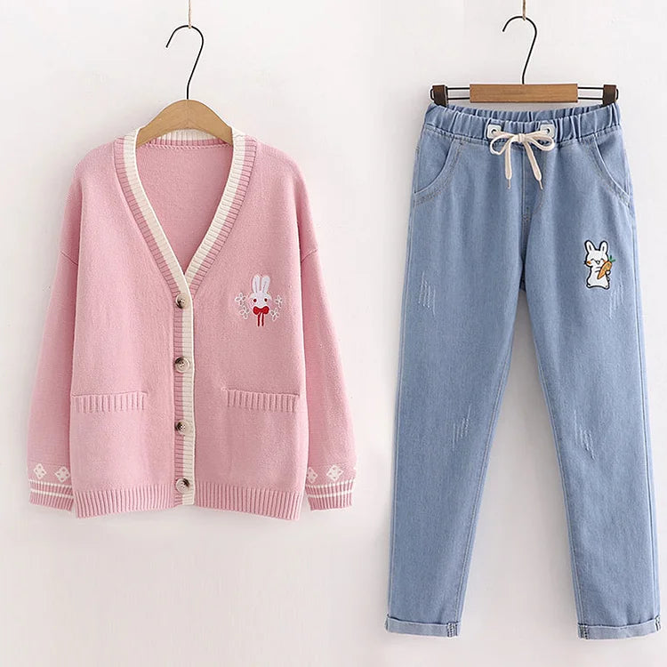Japanese Cartoon Bunny Embroidery Cardigan Sweater Jeans Set - Casual Style