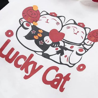 Cartoon Lucky Cat Letter Print Tassel Clolorblock Hoodie Cat Paws Skirt
