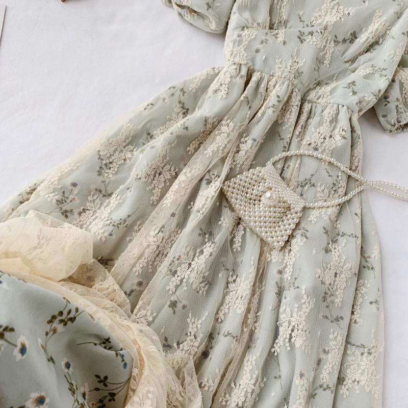 Elegant Beige Floral Fairy Dress - French Vintage Charm