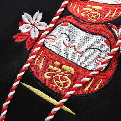 Sakura Luck Unleashed: Lucky Cat Letter Embroidery Hoodie - Charm and Comfort in Every Thread! 🍀🐱