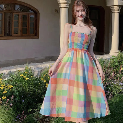 Rainbow Elegance: Chic Plaid Print Long Slip Dress