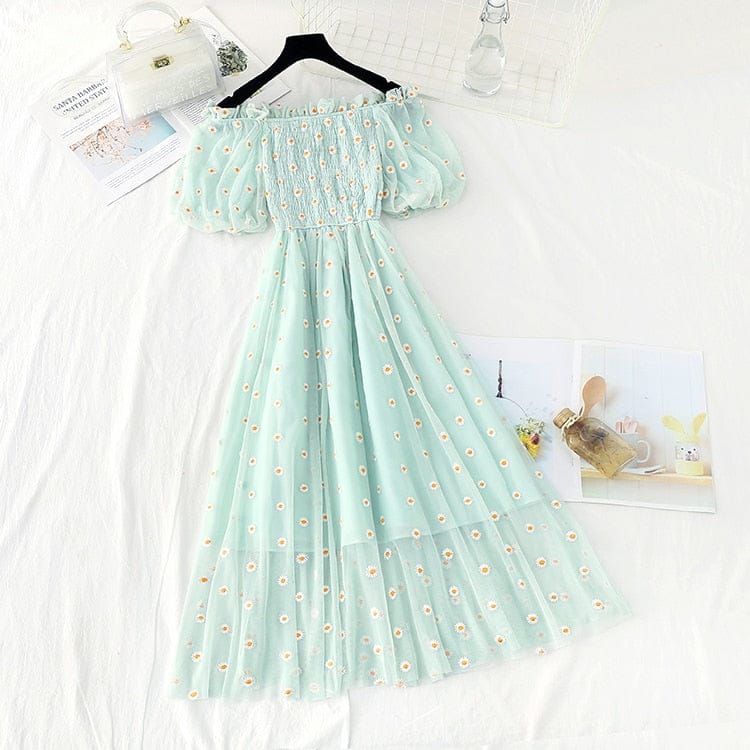 Kawaii Daisy Puff Sleeve Summer Dress