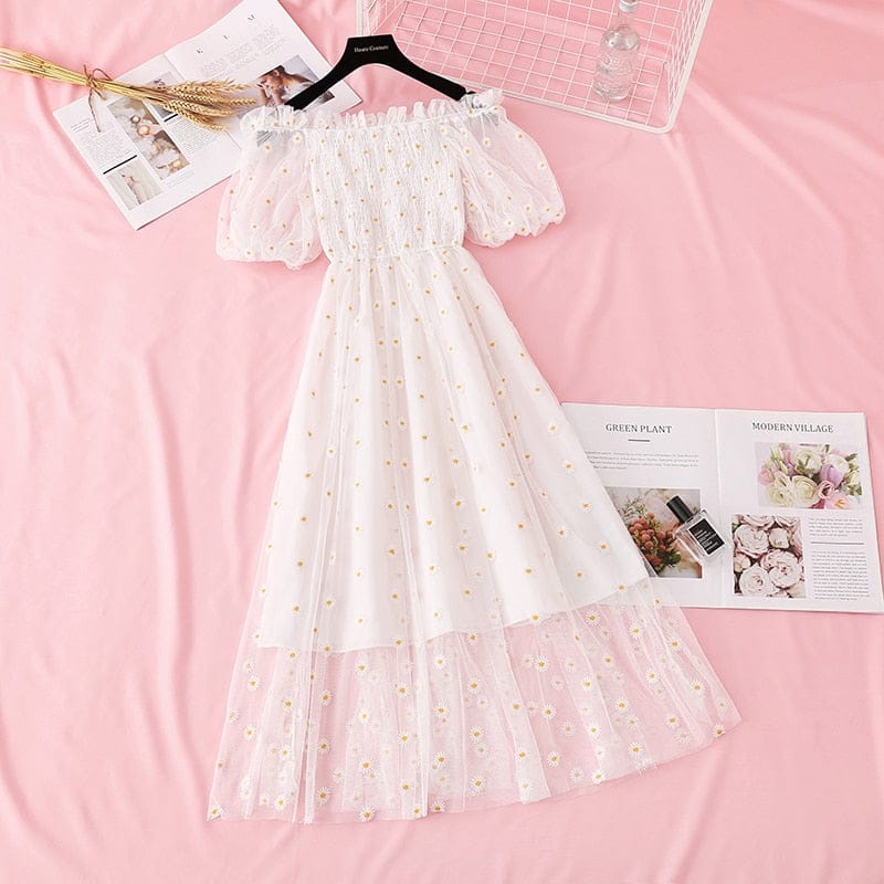 Kawaii Daisy Puff Sleeve Summer Dress