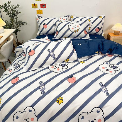 Navy White Striped Bear Peach Bedding Set