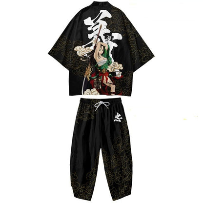 Black Japanese Female Fighter Mens Two-Piece Kimono Yukata Top & Pants Sets