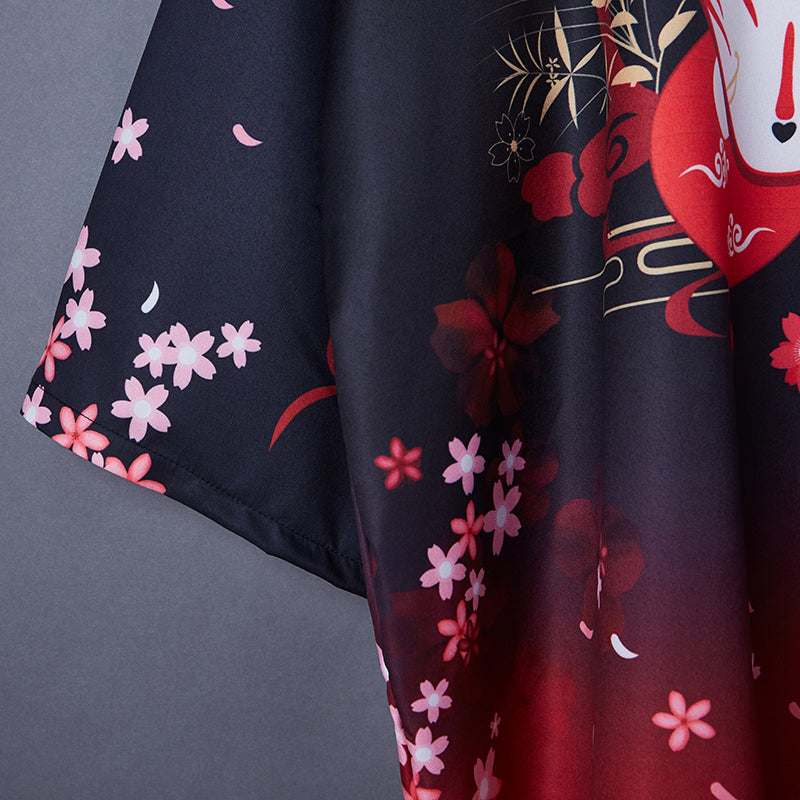 Black Red Japanese Fox Mask Half-sleeve Cardigan Womens Kimonos