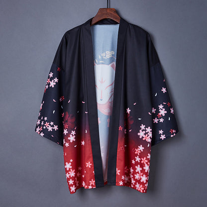 Black Red Japanese Fox Mask Half-sleeve Cardigan Womens Kimonos