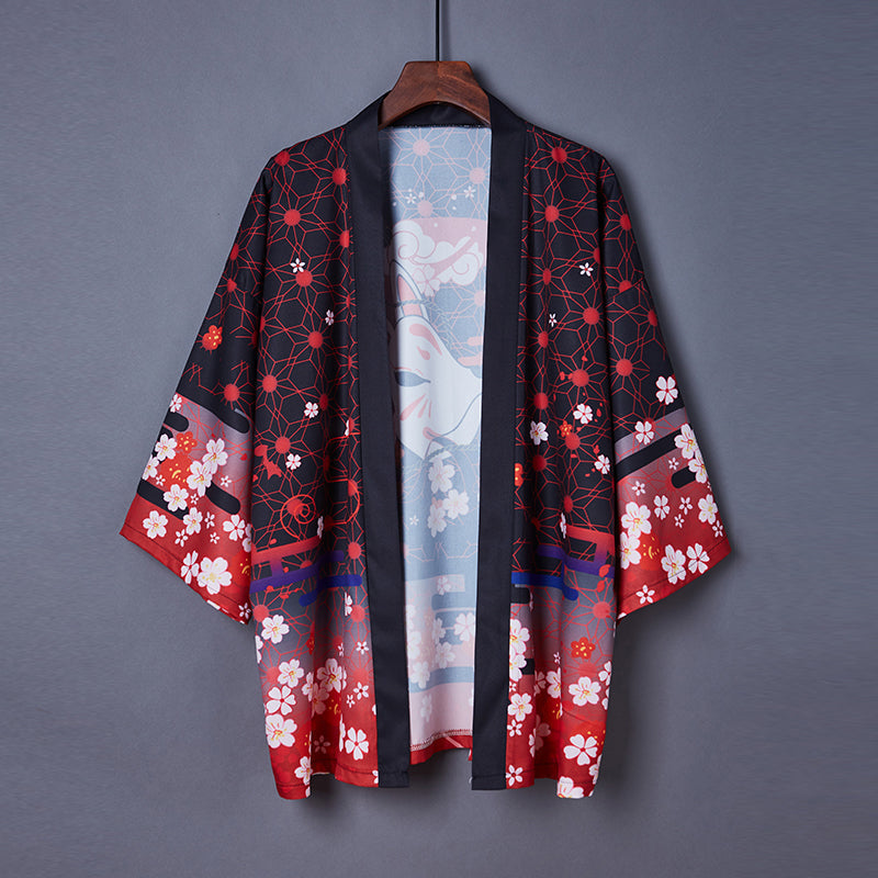 Black Red Japanese Fox Mask Half sleeve Cardigan Womens Kimonos