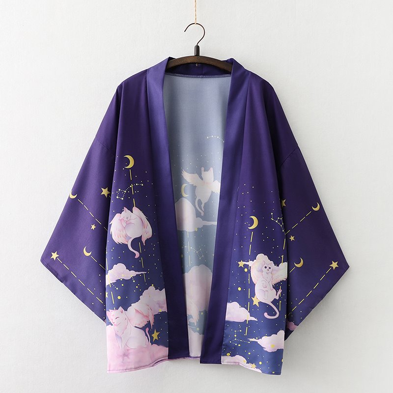 Elegant Sky Clouds Flying Cats Japanese Kimono