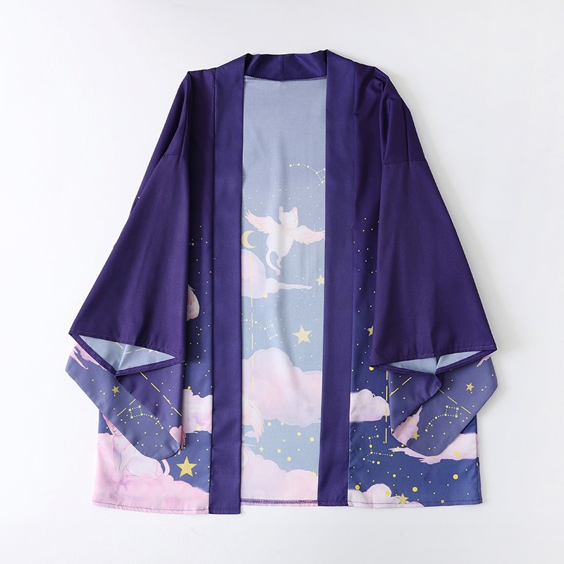 Elegant Sky Clouds Flying Cats Japanese Kimono