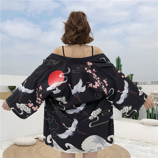 Exquisite Japanese-themed Crane Waves Women's Kimono Cardigan