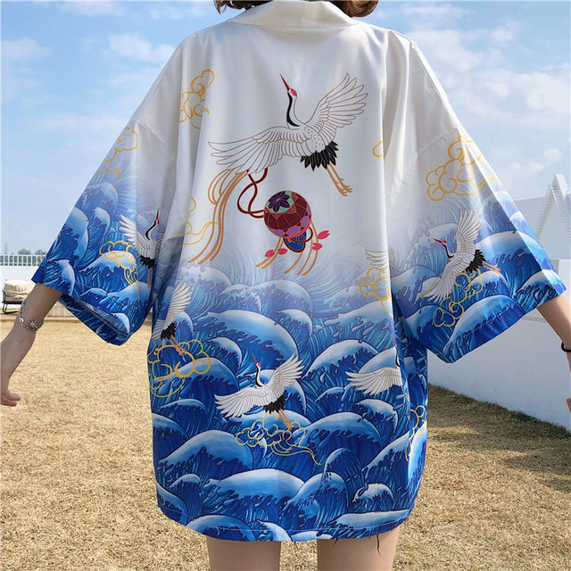 Exquisite Japanese-themed Crane Waves Women's Kimono Cardigan