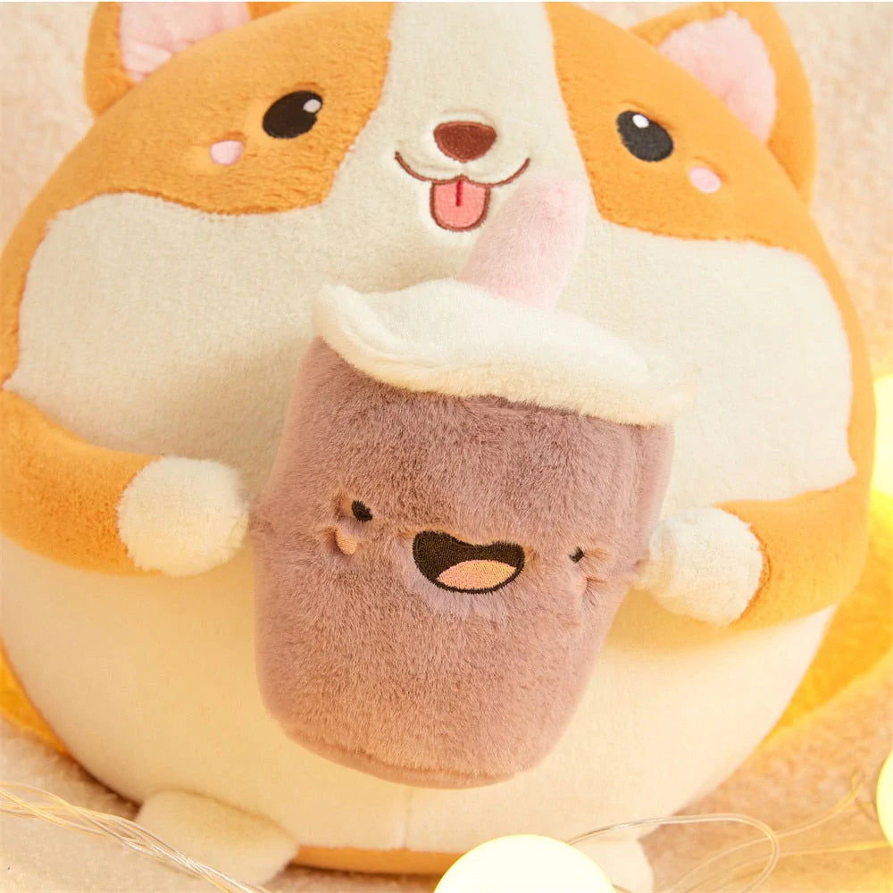 Fluffy Kawaii Round Chubby Corgi Bubble Tea Stuffed Toy Plushie