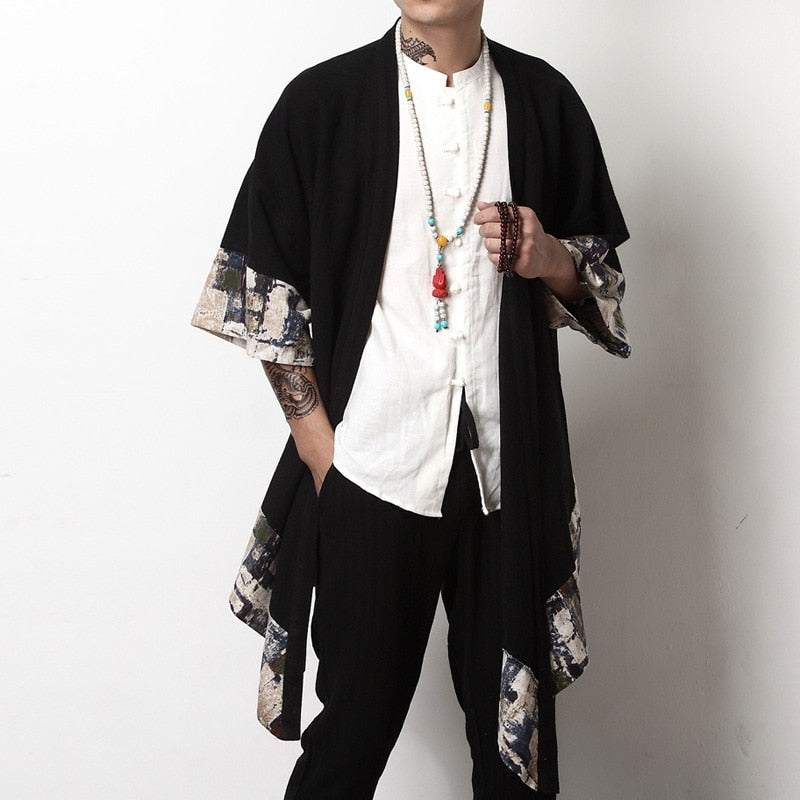 Giacca Kimono Yukata da uomo in vernice nera con collage giapponese – Youeni