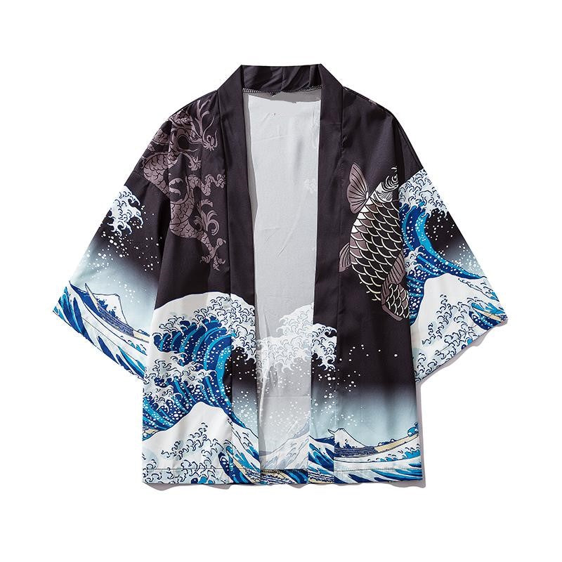 Japanese Great Wave off Kanagawa Dragons Kois Kimono