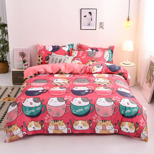 Japanese Pink Cats Bedding Set without Bed Flat Sheet