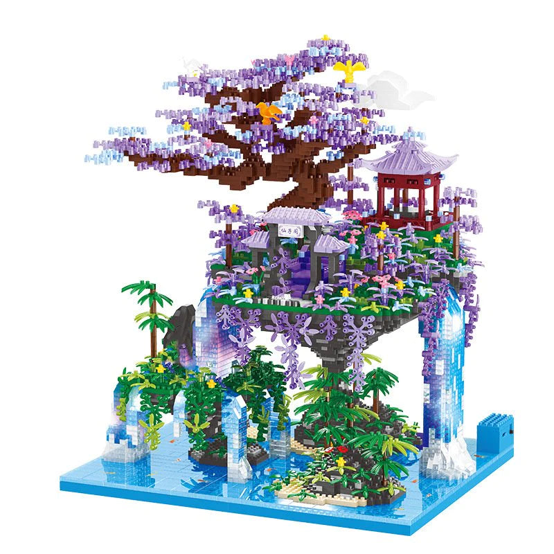 New Nano Building Blocks Set of Japanese Purple Sakura Tree Temple Waterfall