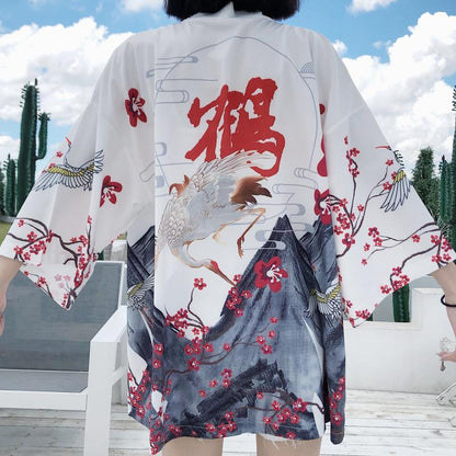 Japanese Red Crowned Crane Sakura Kimono Cardigan | NEW