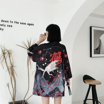 Japanese Red Crowned Crane Sakura Kimono Cardigan | NEW