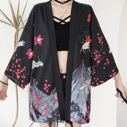 Japanese Red Crowned Crane Sakura Kimono Cardigan | NEW