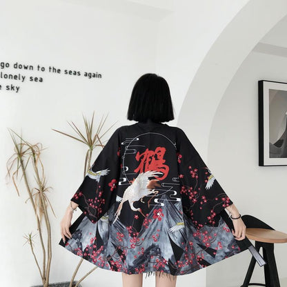 Japanese Red Crowned Crane Sakura Kimono Cardigan | NEW