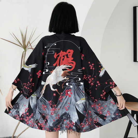 Japanese Red Crowned Crane Sakura Kimono Cardigan | NEW