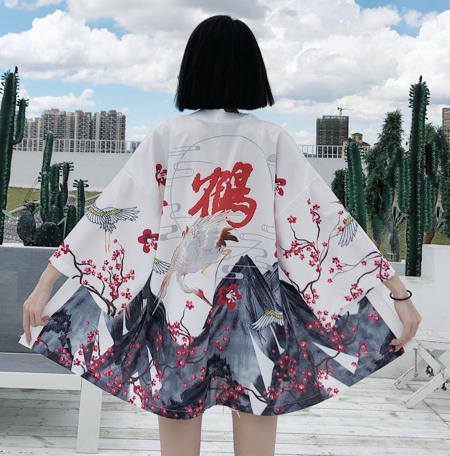 Japanese Red Crowned Crane Sakura Kimono Cardigan | NEW