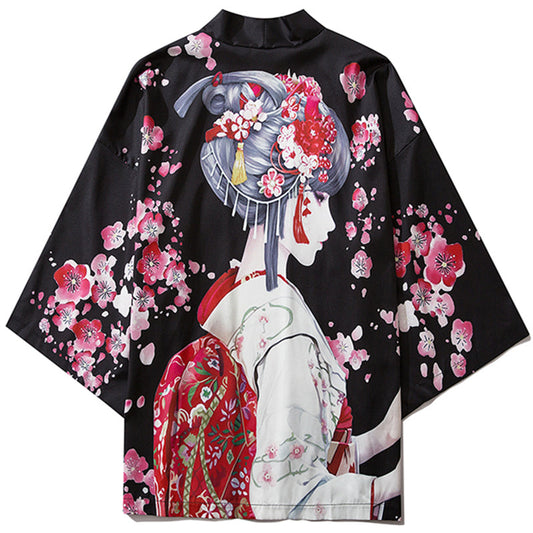 Japanese Sakura Black Red Anime Girl Long Kimono Cardigan Robes | NEW