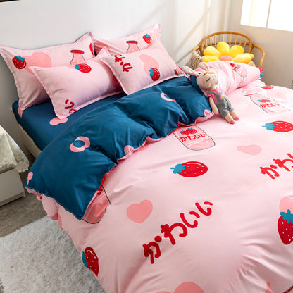 Japanese Strawberry Hearts Pink Cream Bedding Set