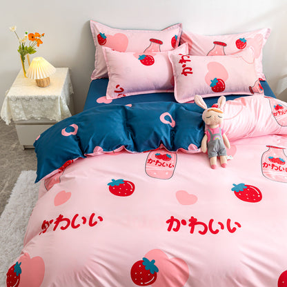 Japanese Strawberry Hearts Pink Cream Bedding Set