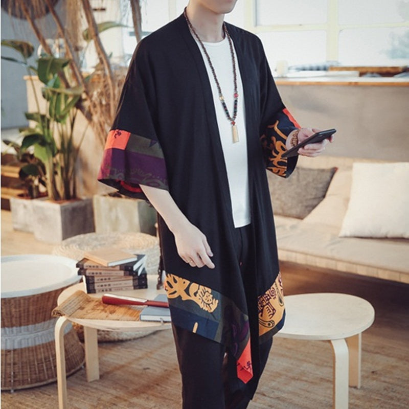 Japanese-themed Colorful Zigzag Black Men's Haori Yukata Kimono Jacket
