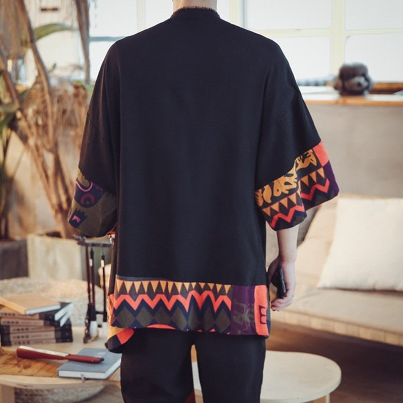 Japanese-themed Colorful Zigzag Black Men's Haori Yukata Kimono Jacket