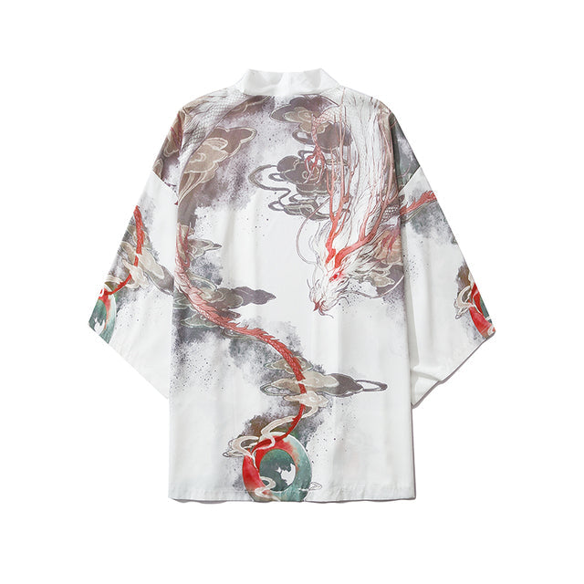 Japanese White Black Dragon Beast Yukata Cardigan Kimono