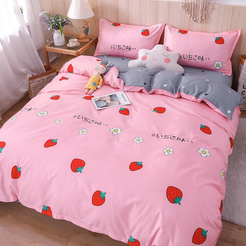 Kawaii Pink & Grey Strawberry Pattern Bedding Set