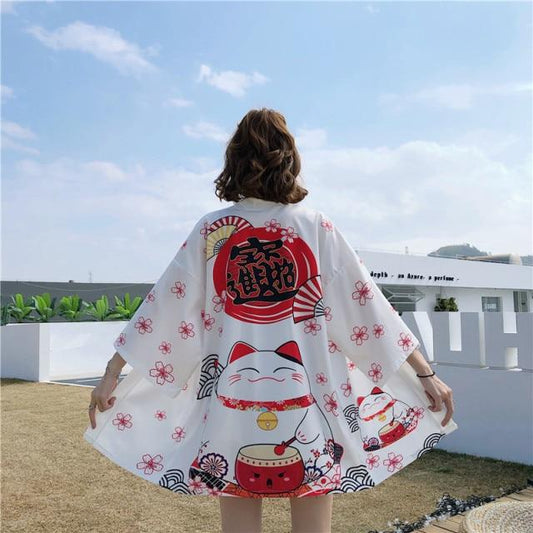 Japanese Lucky Cat Lightweight Kimono Top