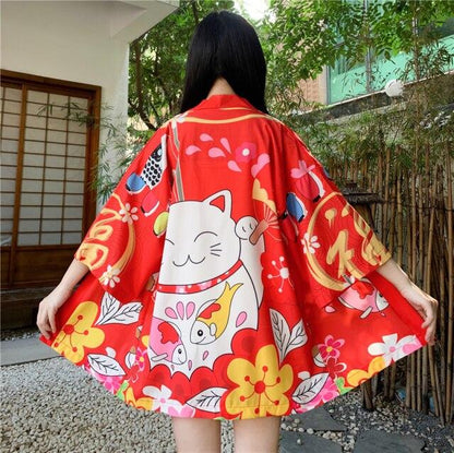 Japanese Lucky Cat Lightweight Kimono Top