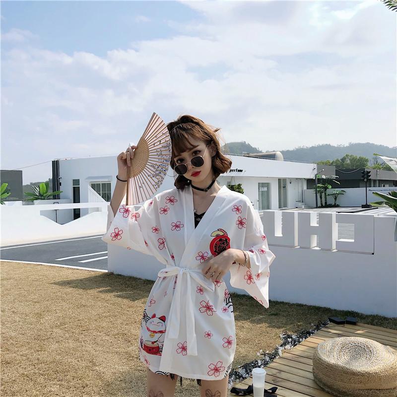 Japanese Lucky Cat Lightweight Kimono Top