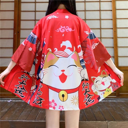 Japanese Lucky Cat Lightweight Kimono Top