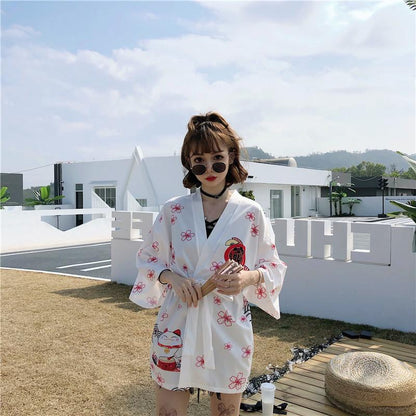 Japanese Lucky Cat Lightweight Kimono Top