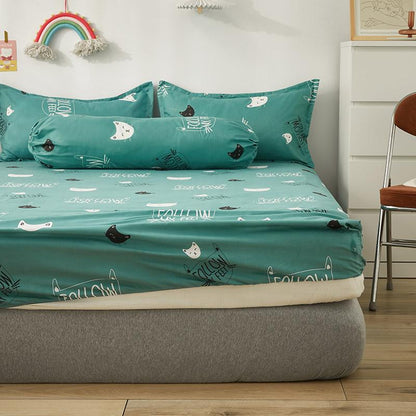 Mint Cat Pattern Fitted Bedsheet