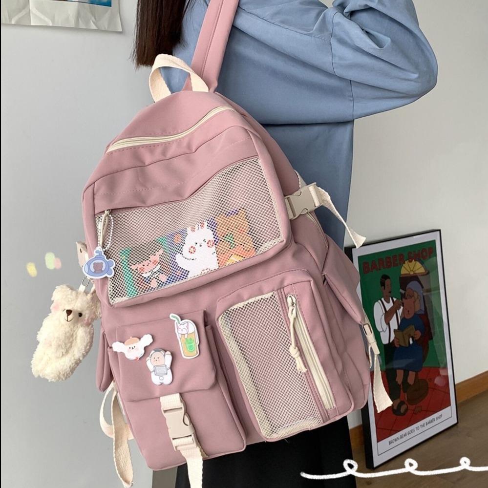 Nylon Study Besties Backpack with Bear Keychain