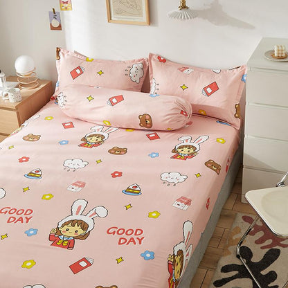 Pastel Pink Kawaii Illustration Fitted Bedsheet